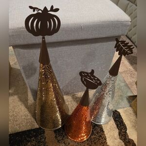 Festive Metallic Cone Decor Set - Gold, Orange, Silver Disco Glass, Thanksgiving